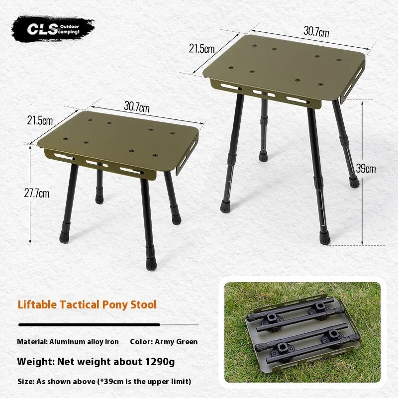 CLS aluminium folding camping stool shown in army green, converted into a small table.