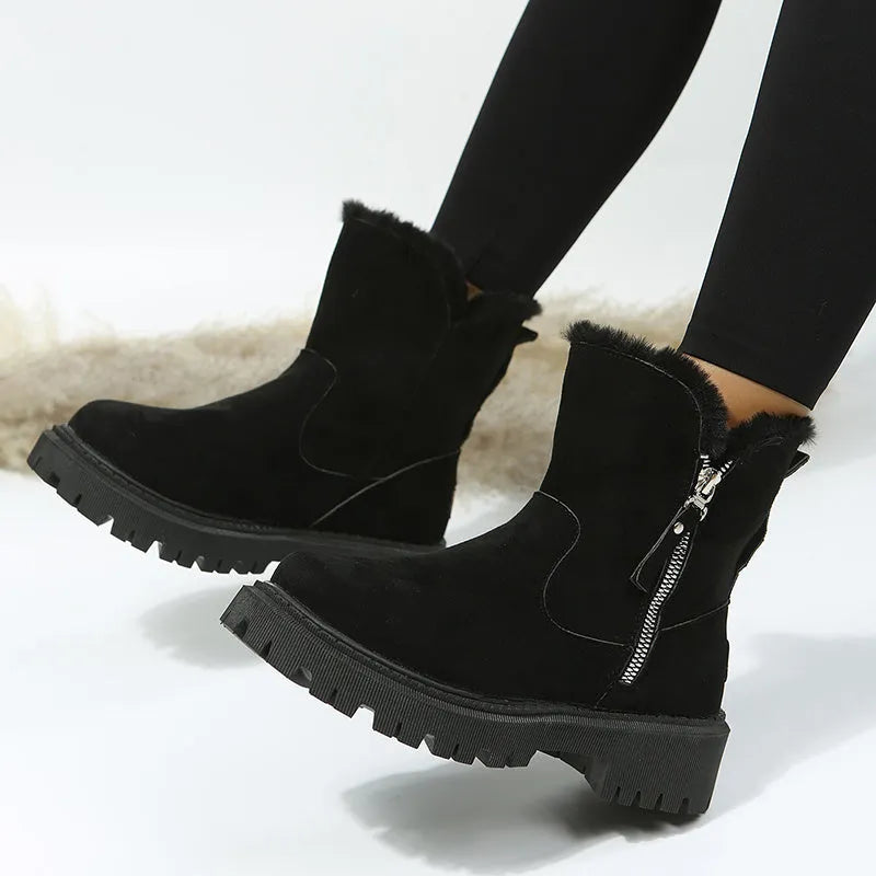 Women's thick plush snow boots with side zip, faux suede upper and non-slip rubber sole