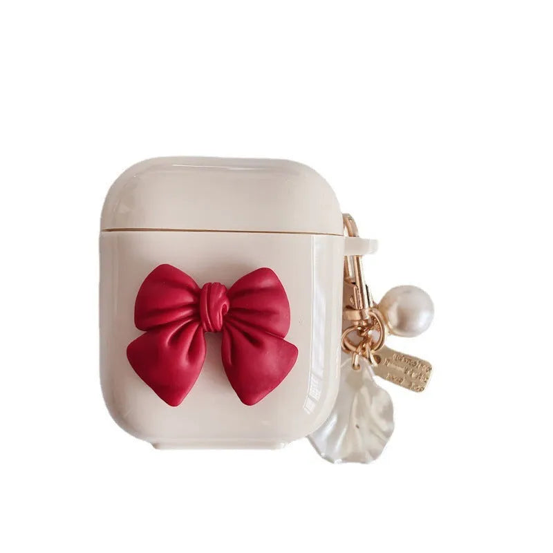 Beige red bow shell TPU clamshell case cover for AirPods and AirPods Pro