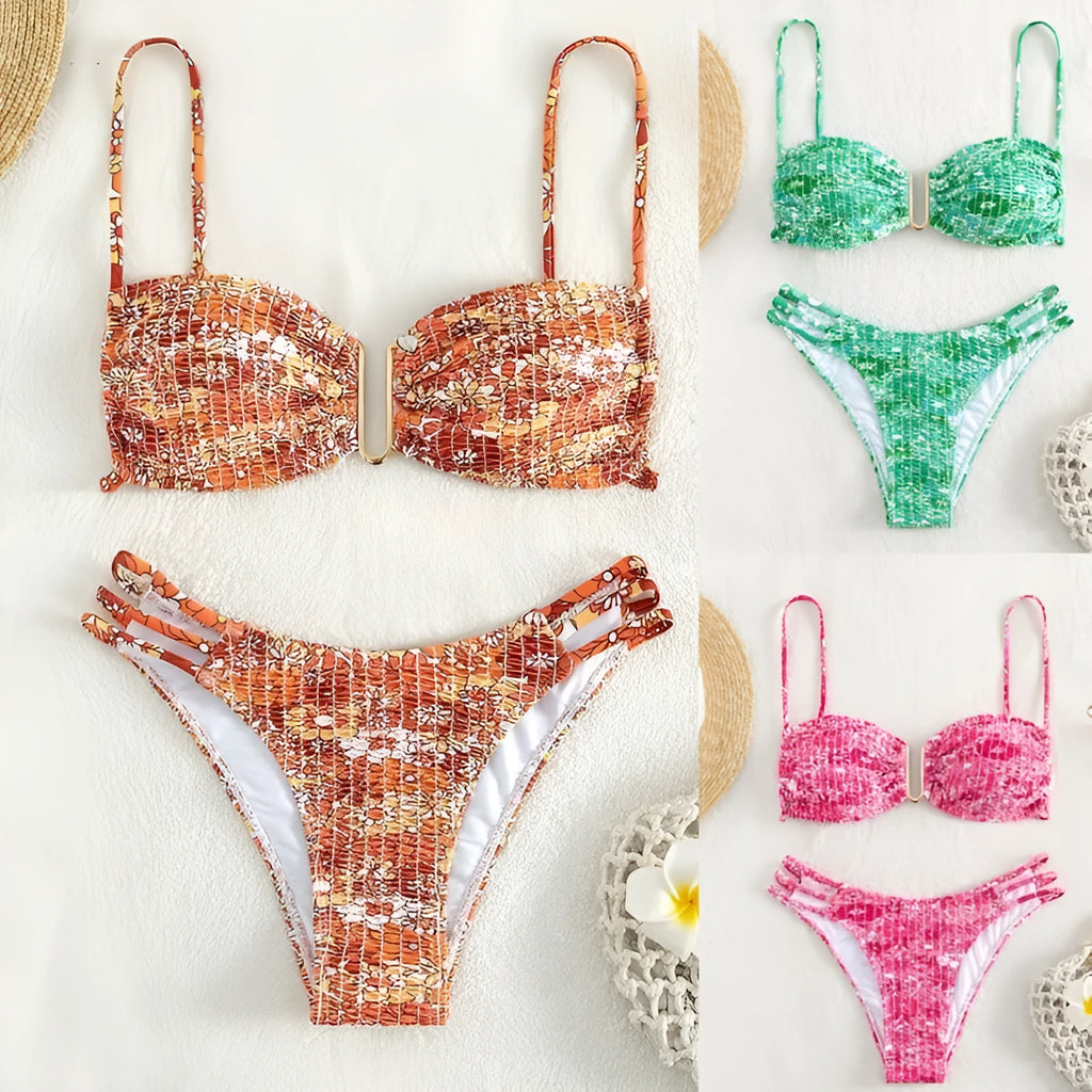 Women's floral bikini swimsuit with high-waist briefs in multiple solid colour options
