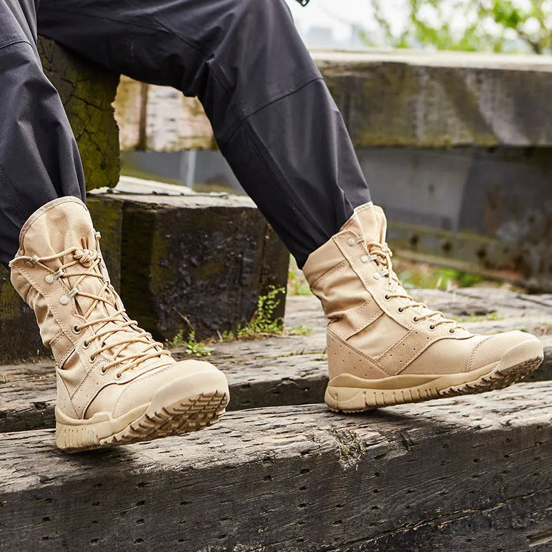 Black and sand coloured Yulong tactical combat boots for outdoor hiking and sports.