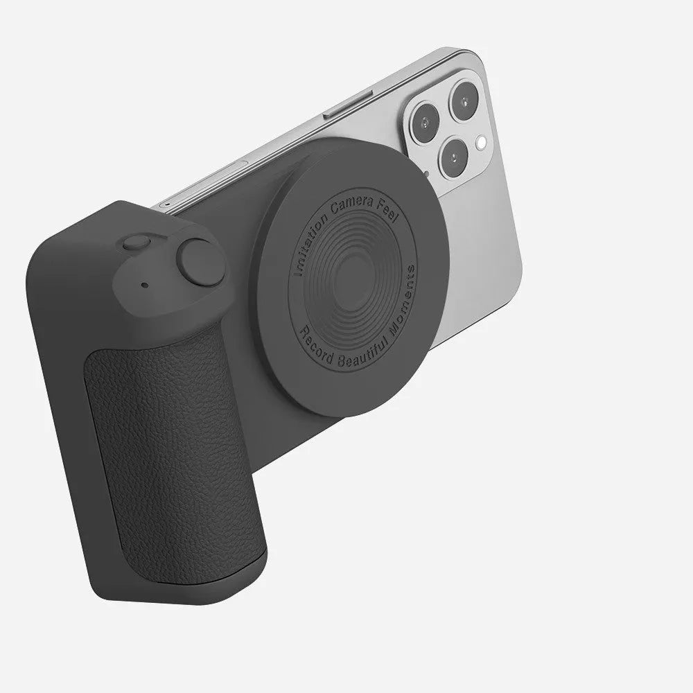 Black 3-in-1 magnetic phone camera handle with rotatable stand and PU leather grip