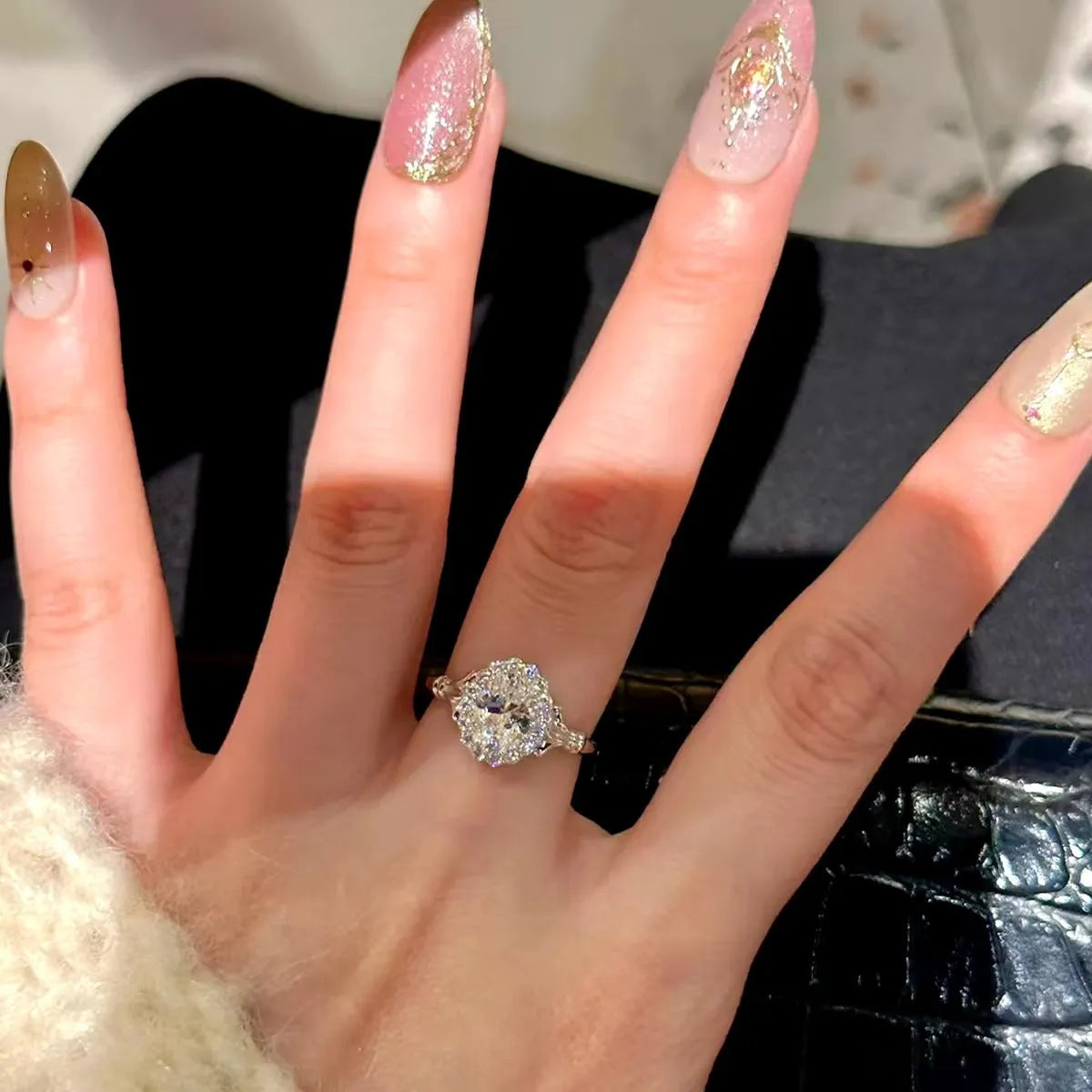 Silver geometric ellipse ring with diamond treatment and adjustable opening design