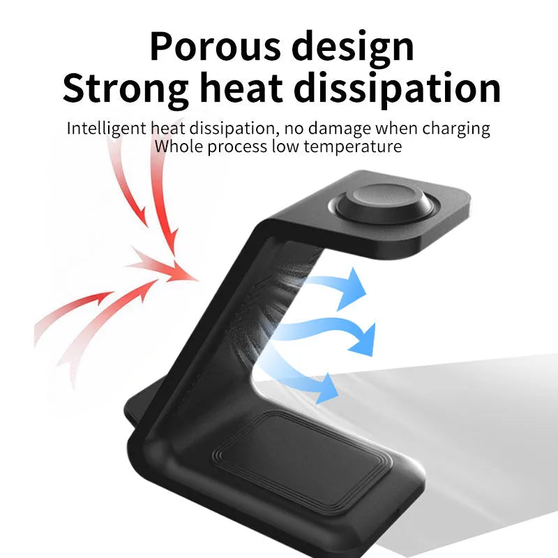 White upright wireless phone charger with dual-coil technology and QC3.0 support on a desk