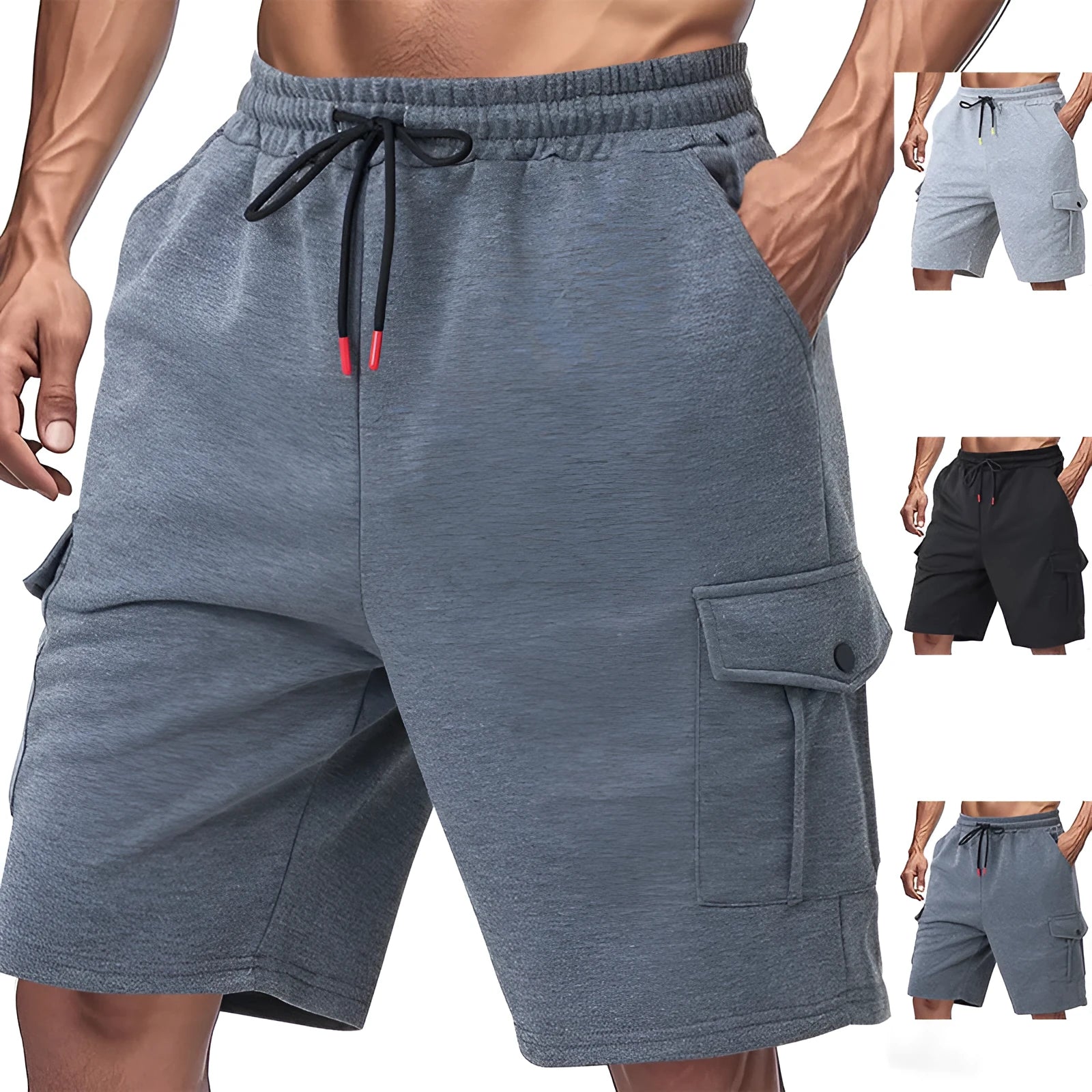 Men's loose grey Terry fabric cargo shorts with multiple pockets and elastic waist