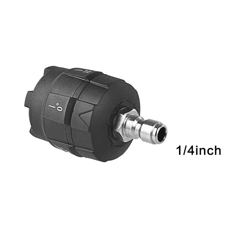Multi-functional five-pattern spray nozzle for high-pressure water guns made from black ABS plastic.