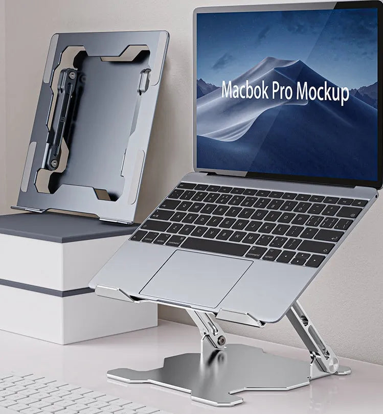 Grey aluminium laptop stand with adjustable angle and folding portable design