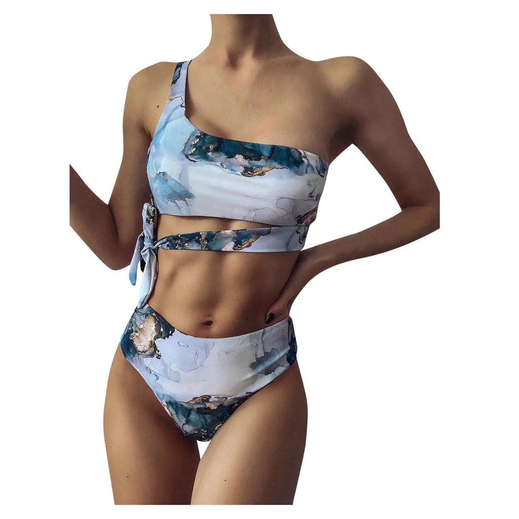 Women's marble print high-waist bikini set with U-neck top in separated swimwear design