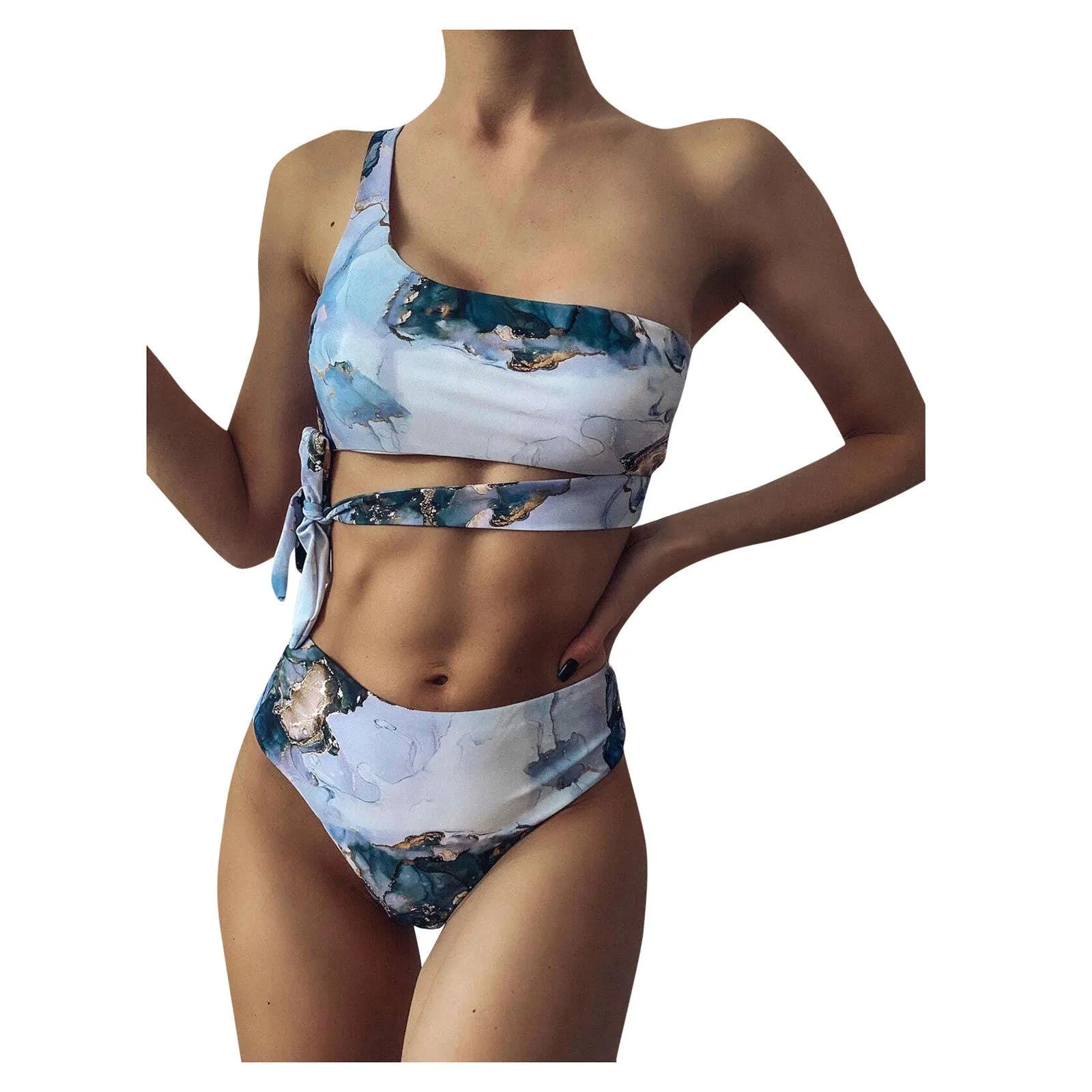 Women's marble print high-waist bikini set with U-neck top in separated swimwear design