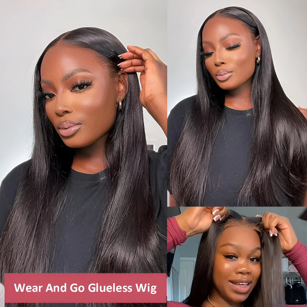 A woman wearing a long, straight black human hair glueless wig with side bangs.