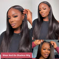 A woman wearing a long, straight black human hair glueless wig with side bangs.