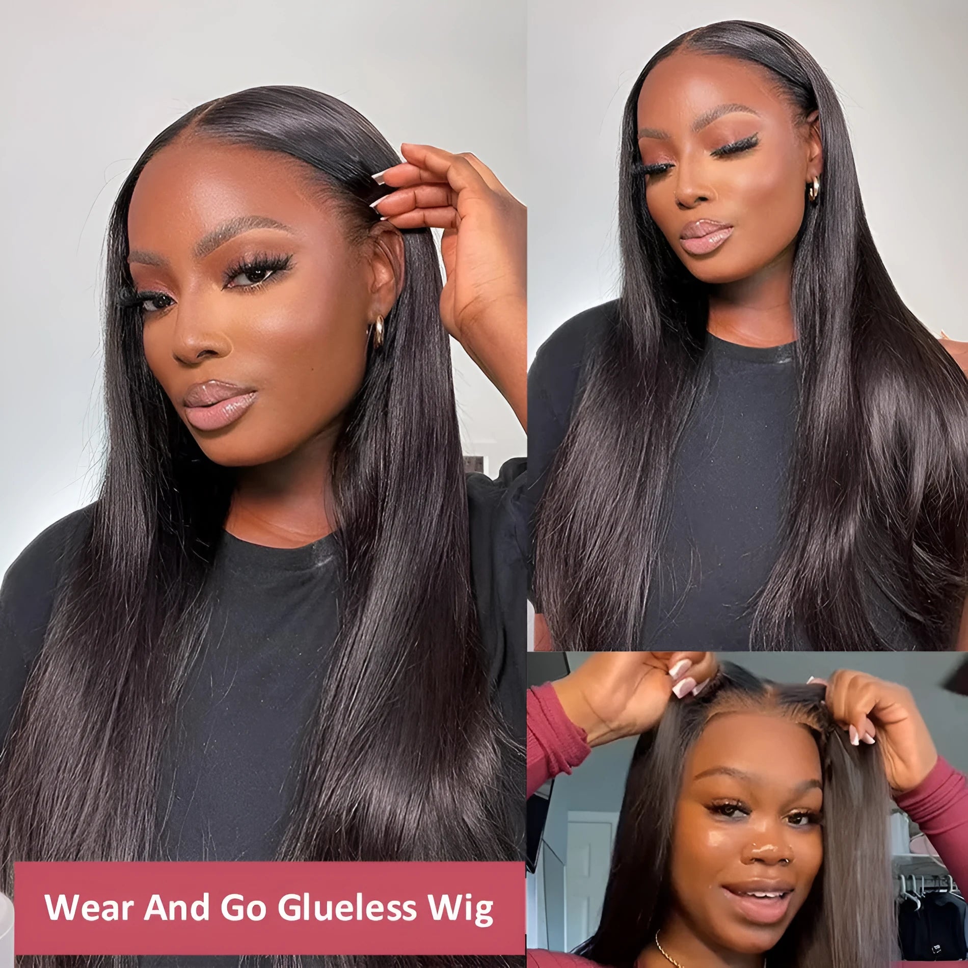 A woman wearing a long, straight black human hair glueless wig with side bangs.