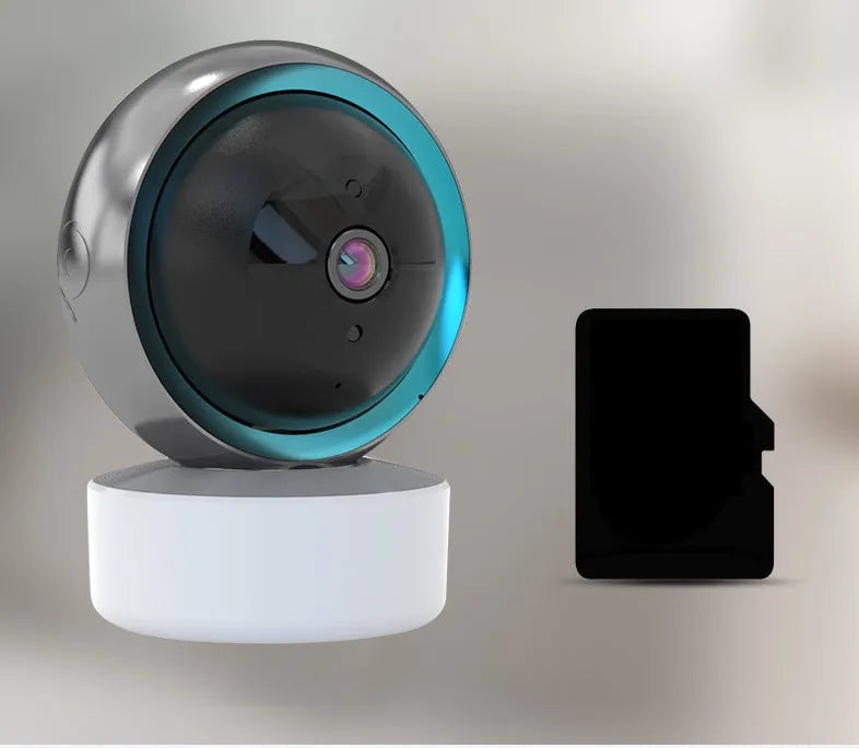 White indoor security camera with 360-degree rotation on stand showing WiFi connectivity
