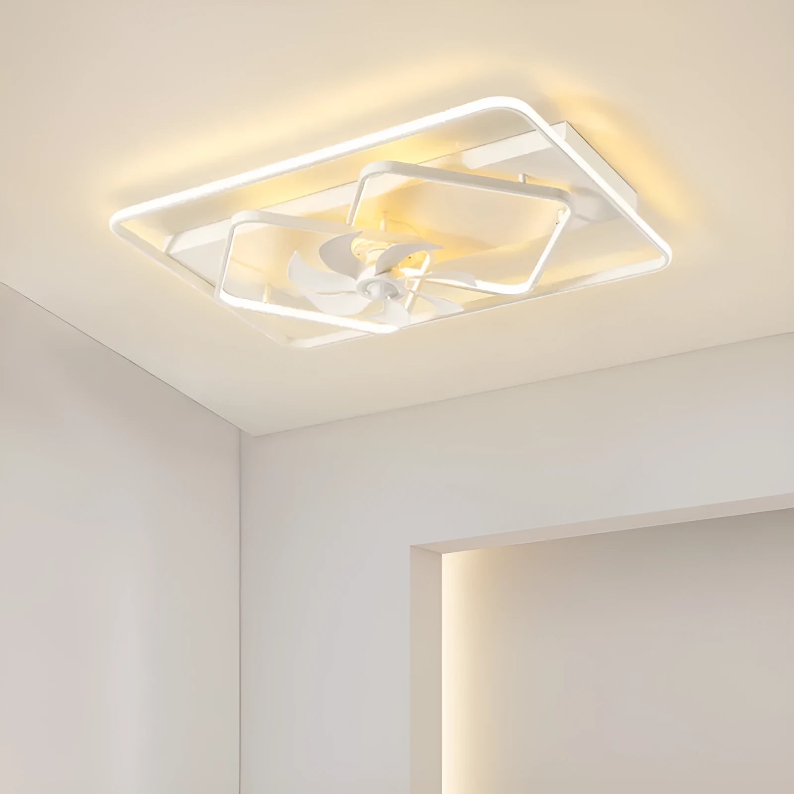 Modern ceiling fan with integrated light fixture, 1100mm size with plastic blades and acrylic lampshade.