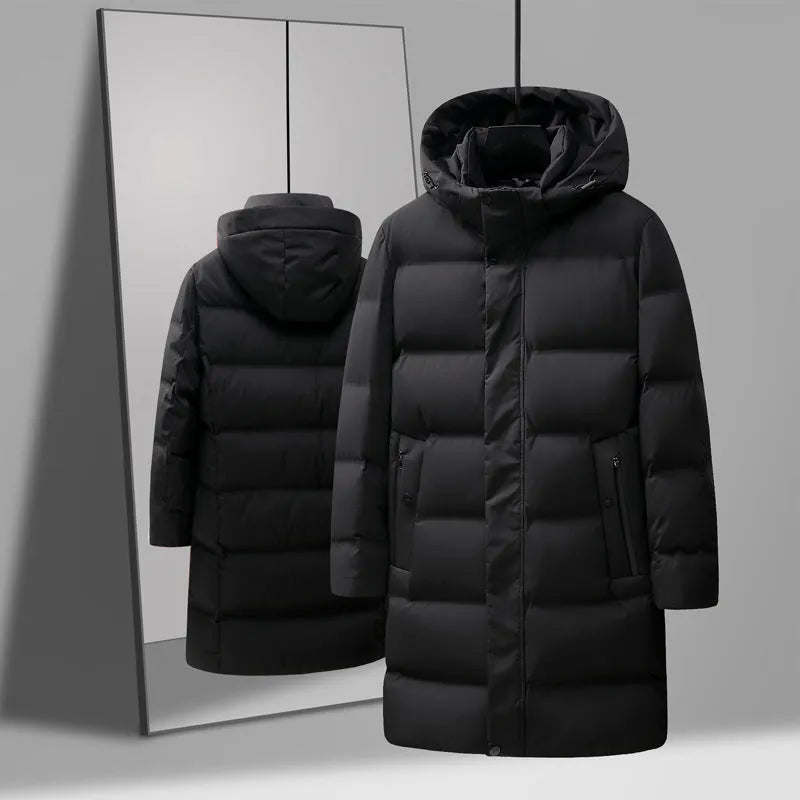 Men's solid colour thick mid-length polyester down jacket coat in black