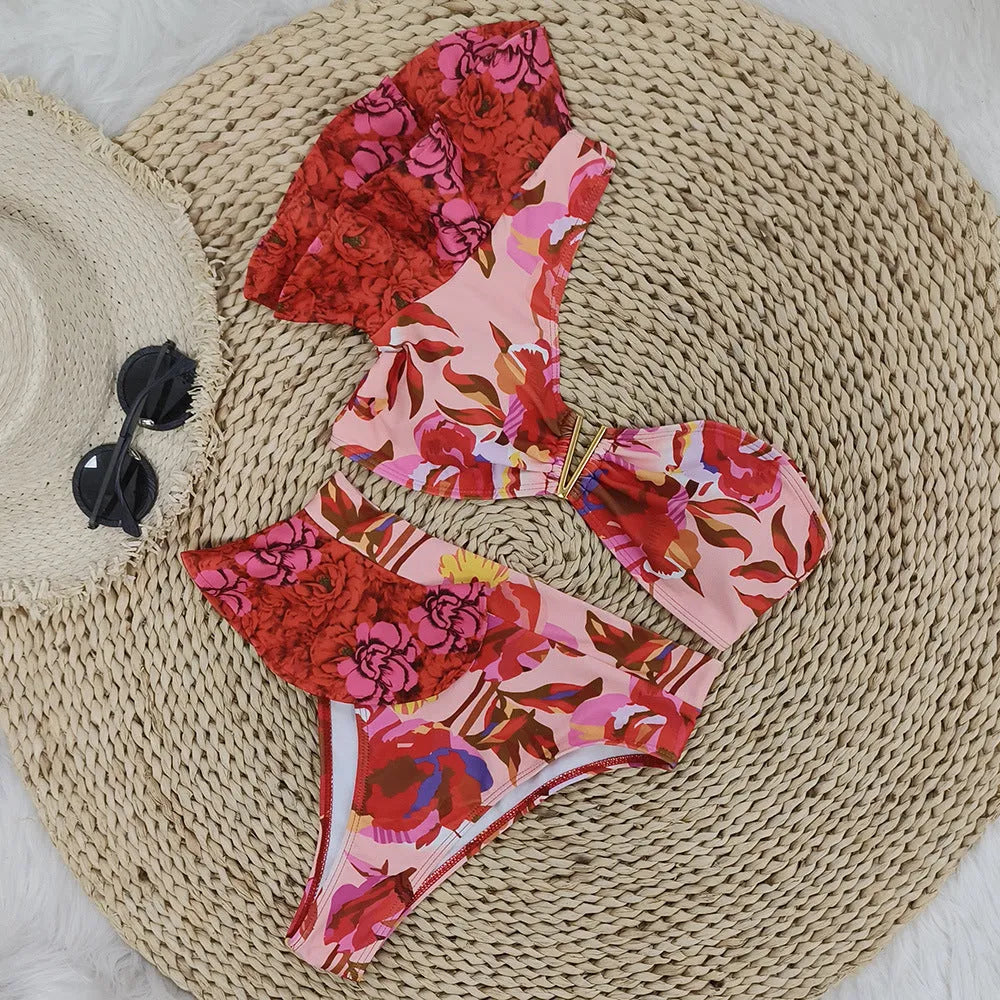 Women's pink floral print one-shoulder ruffled bikini with high-waist briefs