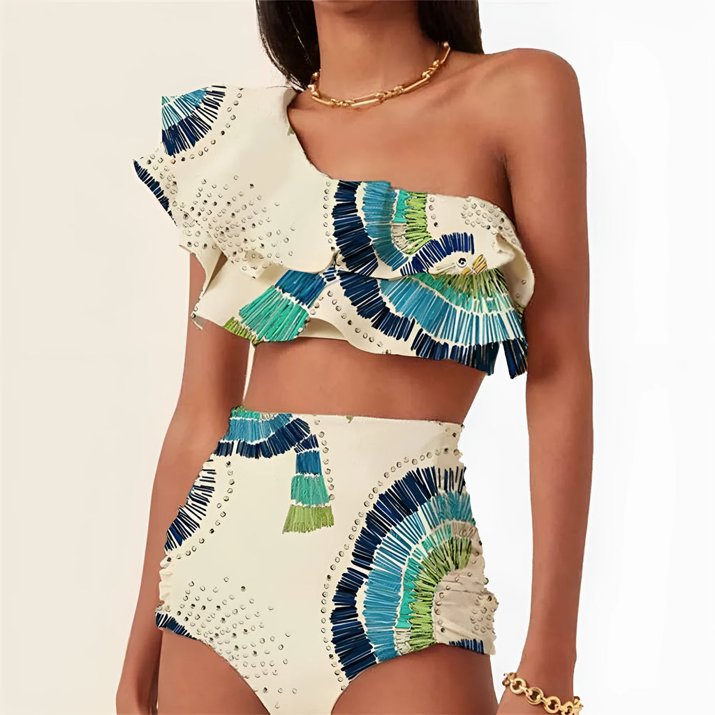 White women's one-shoulder swimsuit with double-layer lotus leaf design and high side leg split