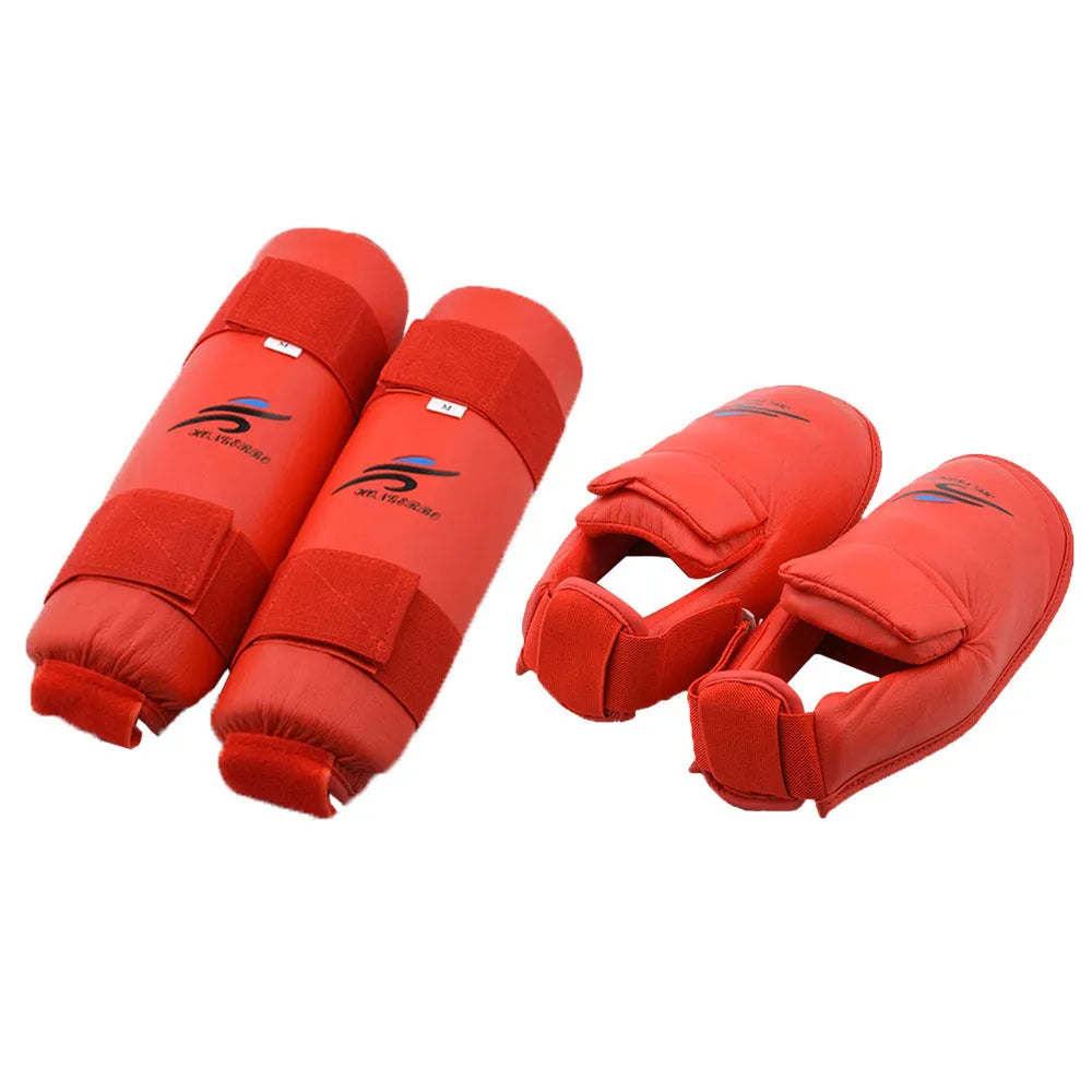 Red and blue karate protective gear set with helmet, boxing gloves, and leg guard