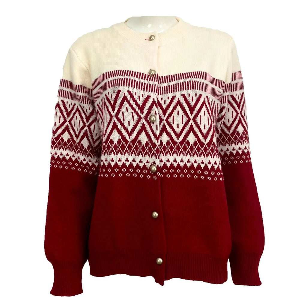 Women's grey alpaca wool cardigan with a red and white diamond knit pattern and long sleeves.
