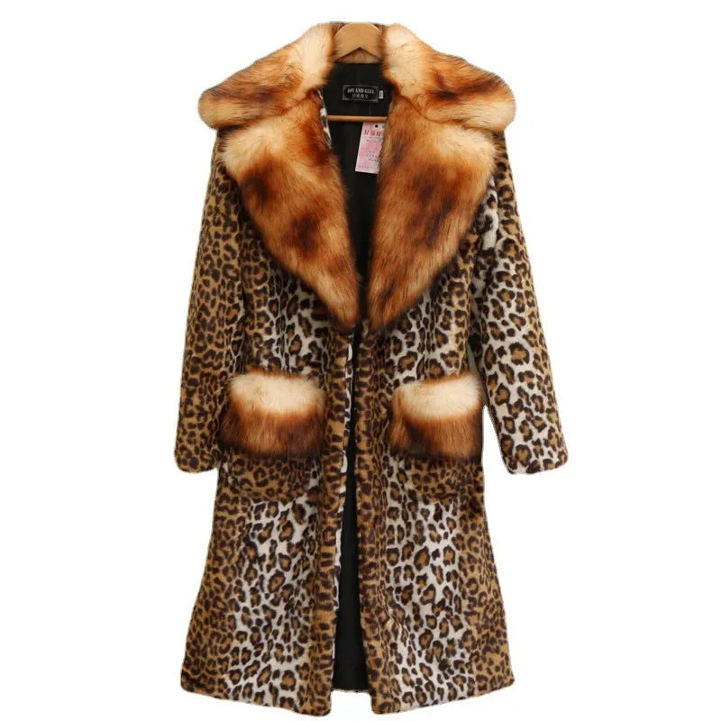 Women's long leopard print artificial fur jacket with regular sleeves on a hanger