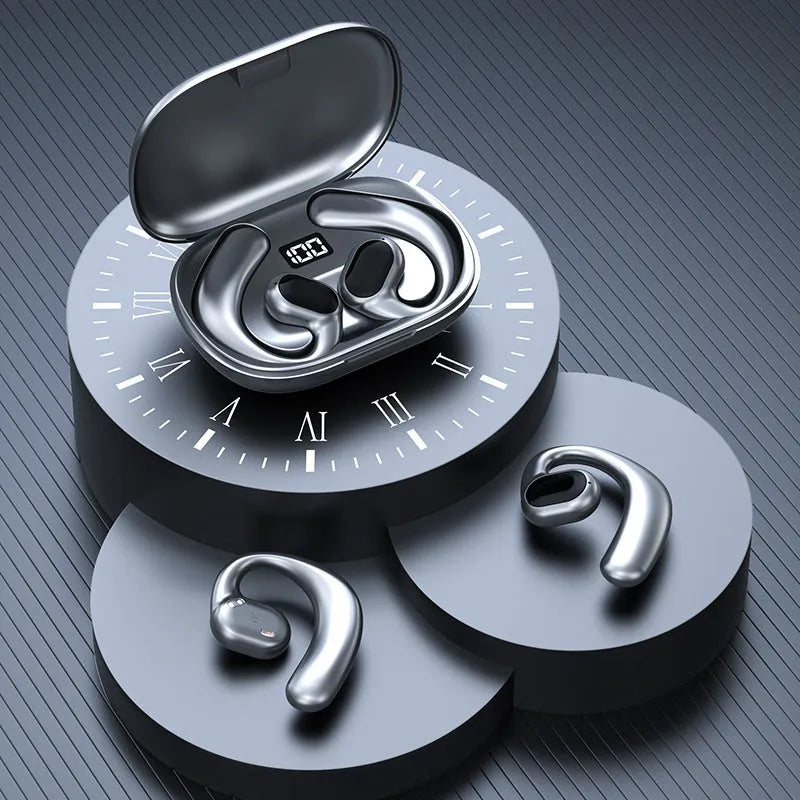 Black ear-mounted Bluetooth headset with non in-ear design showing digital display screen