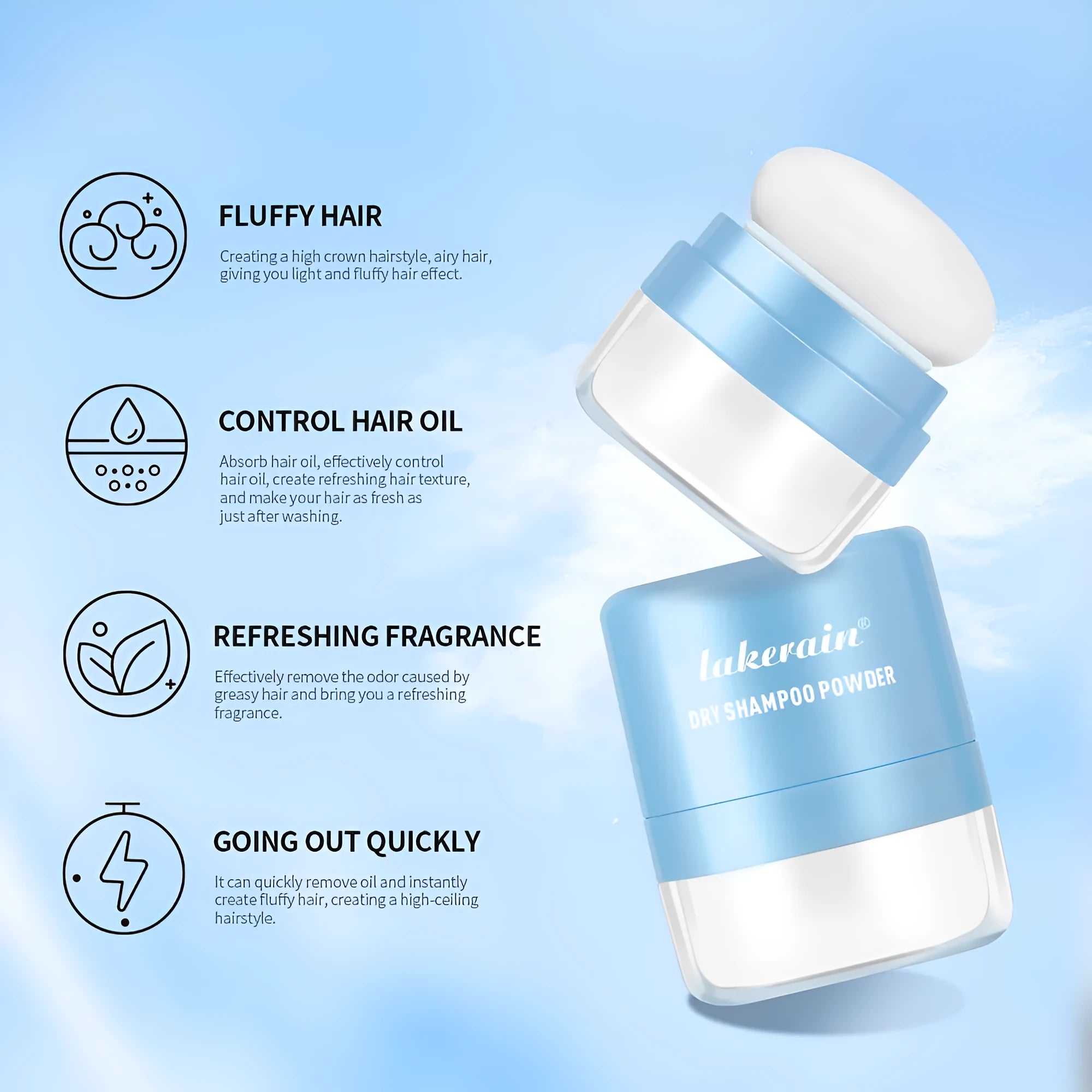 Hair dry cleaning powder kit with 5g content, applicator sponge, and headband mirror in blue packaging
