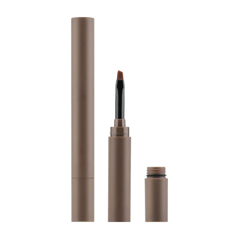 Double-headed eyebrow cream tube showing pencil and powder ends, with colour options reddish brown, brown, light brown, dark brown, and black.