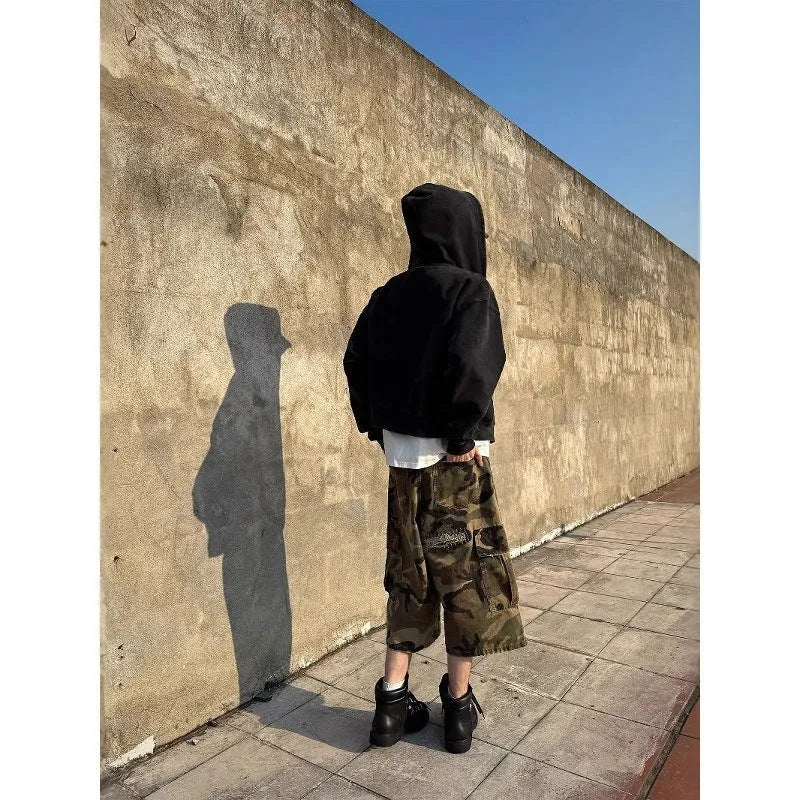 Men's cropped camouflage jeans with retro patch and ripped detailing in straight leg cut