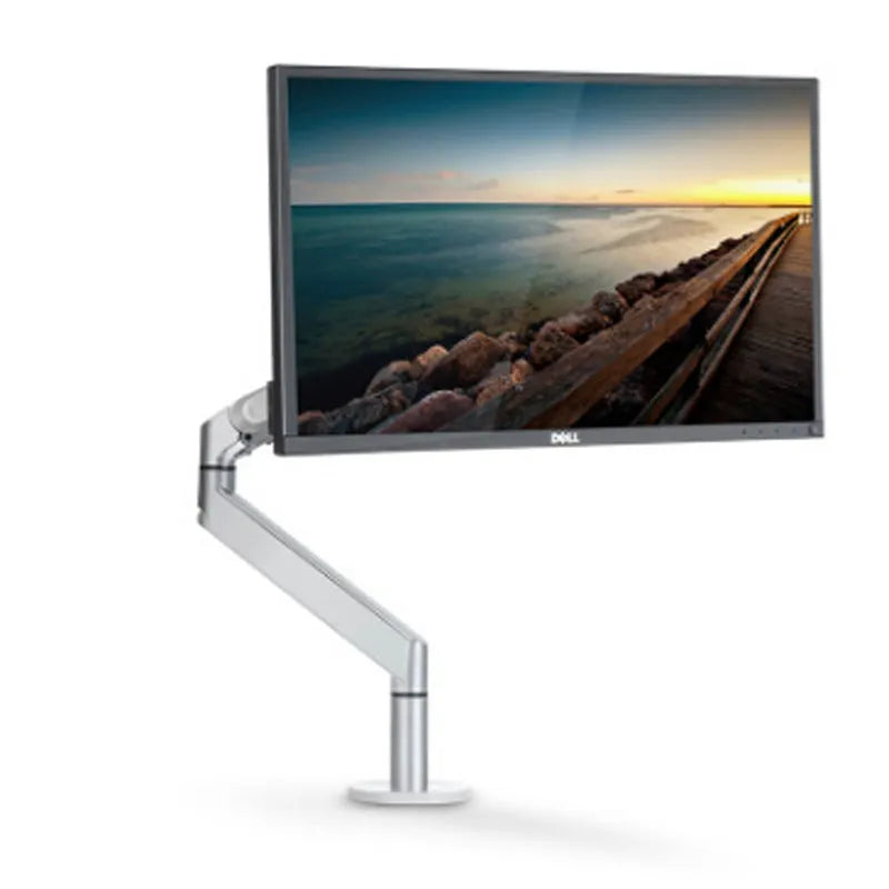 Silver aluminium hover arm laptop stand with adjustable height mechanism on wooden desk