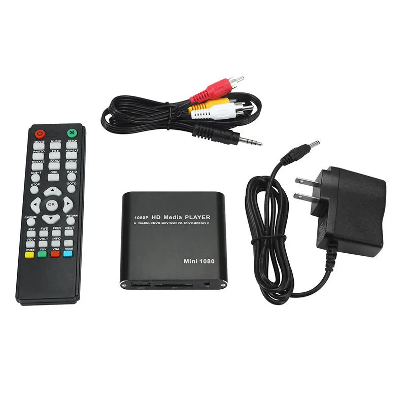 Compact blue 1080p Full HD media player with remote control on a black background.