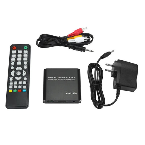 Compact blue 1080p Full HD media player with remote control on a black background.