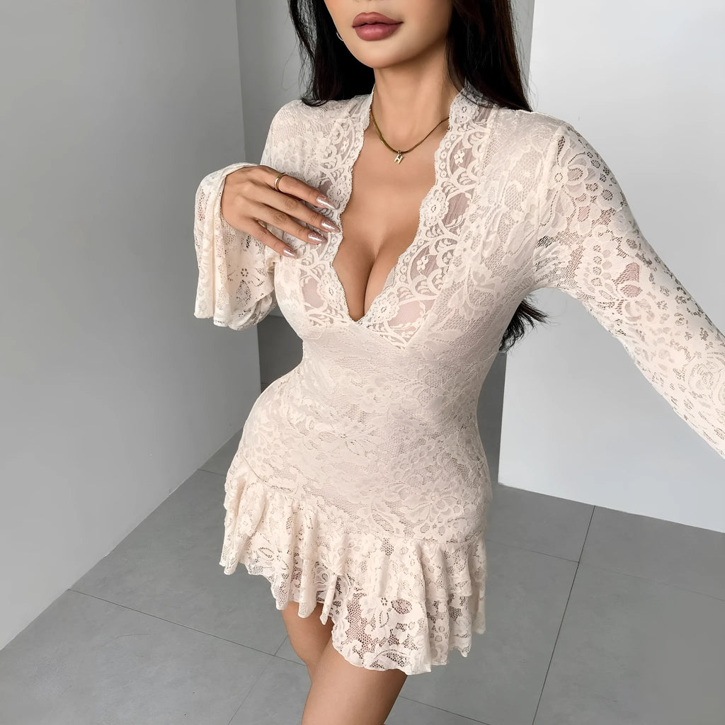 Apricot lace V-neck mermaid dress with floral print and flared sleeves on a mannequin
