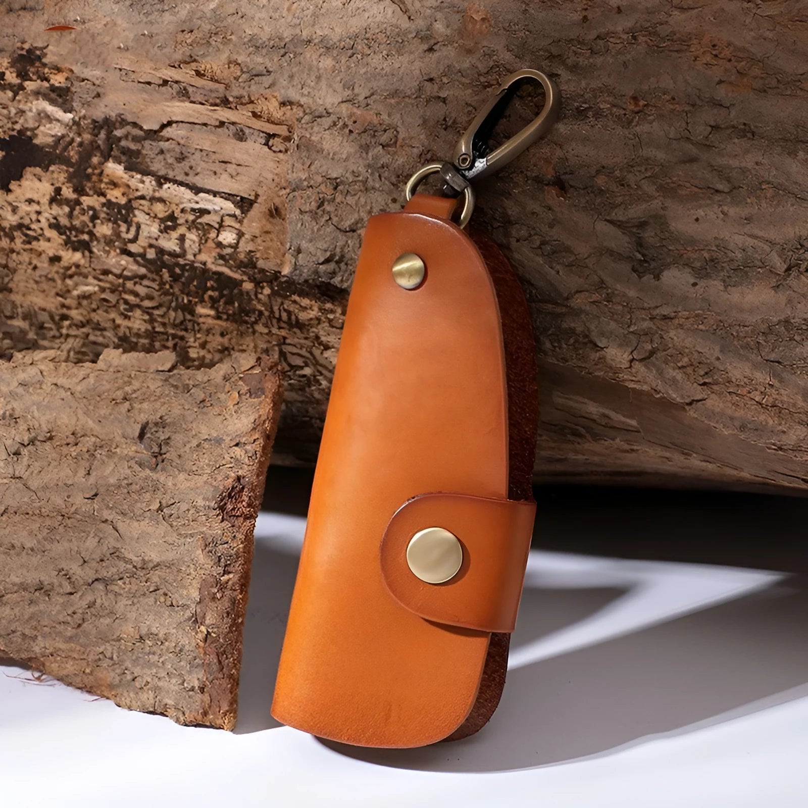 Genuine leather handmade short car key case in black, brown, coffee, and purplish red.