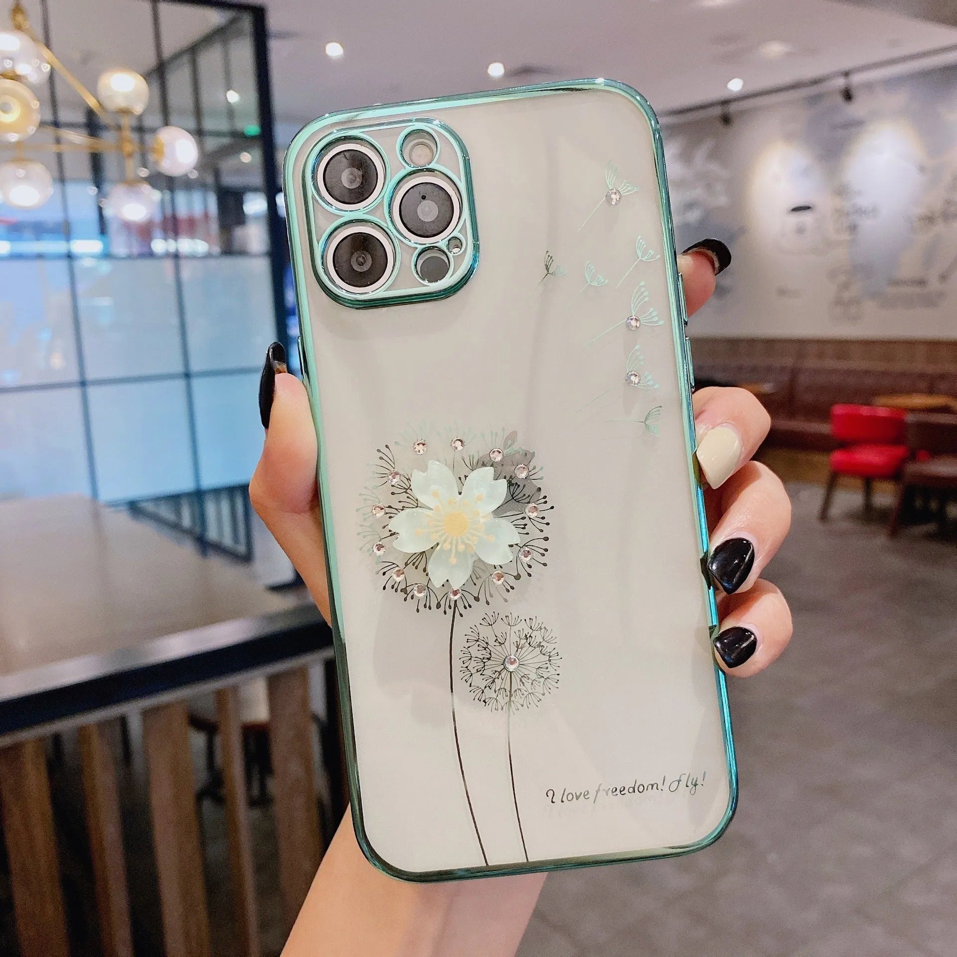 Green TPU phone case with 3D floral spin stand holder for iPhone models
