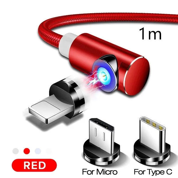 Magnetic charging cable with Micro USB, USB-C and Lightning connectors in aluminium housing