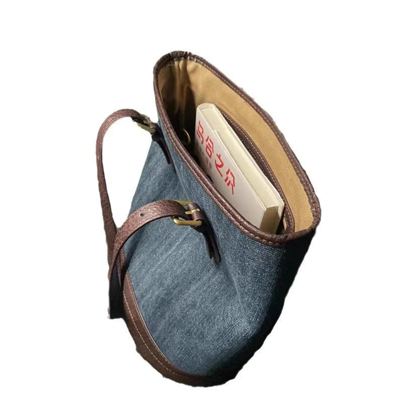 Denim colour patchwork one-shoulder bucket handbag with large capacity
