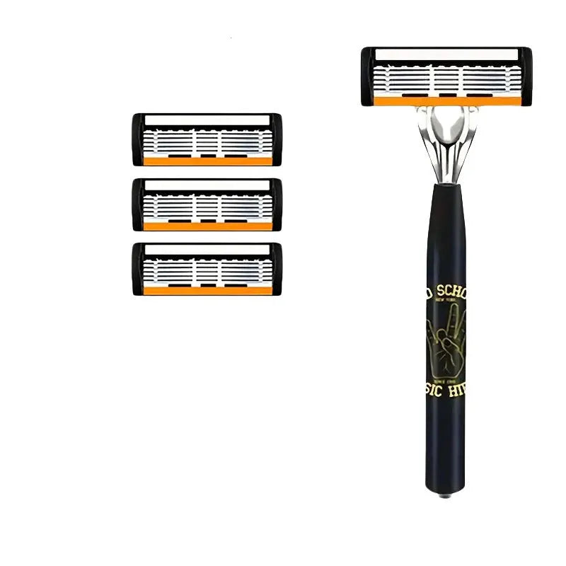 Black manual shaver handle with six-layer replacement blades for beard grooming tools