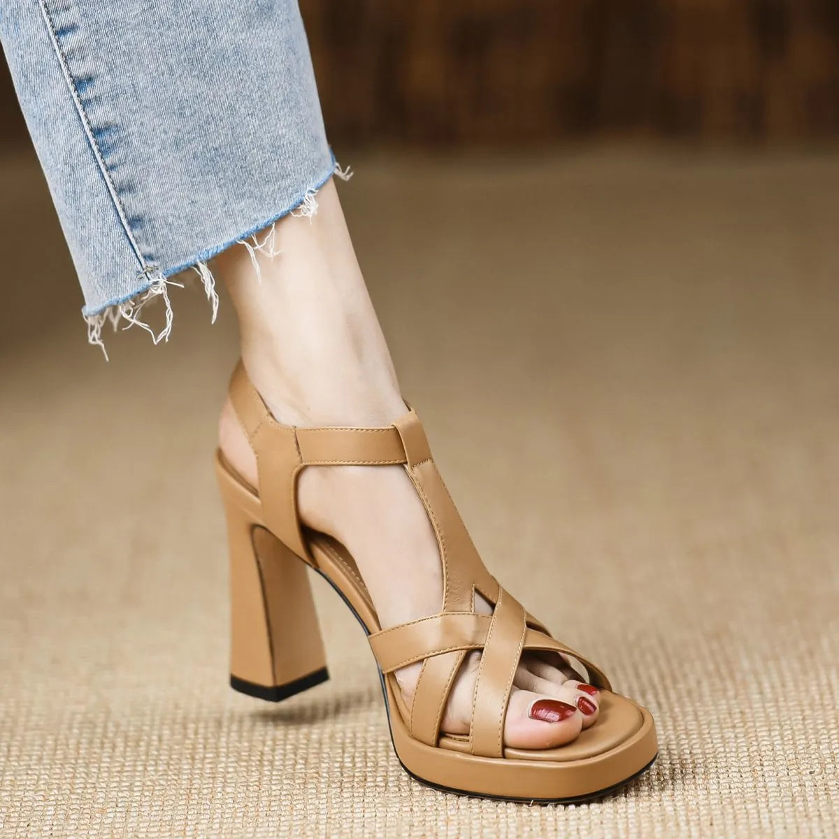 One-strap square toe waterproof platform thick heel high heels for women in black, brown, apricot