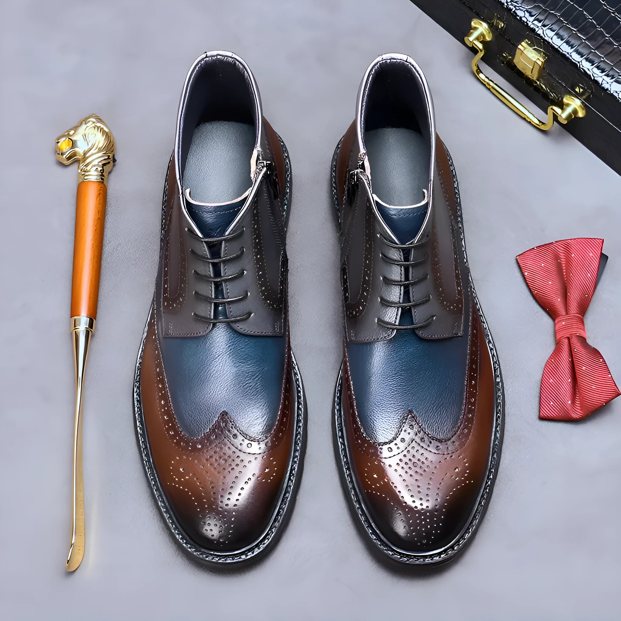 Men's curry blue leather brogue boots with colour-block design and carved detailing