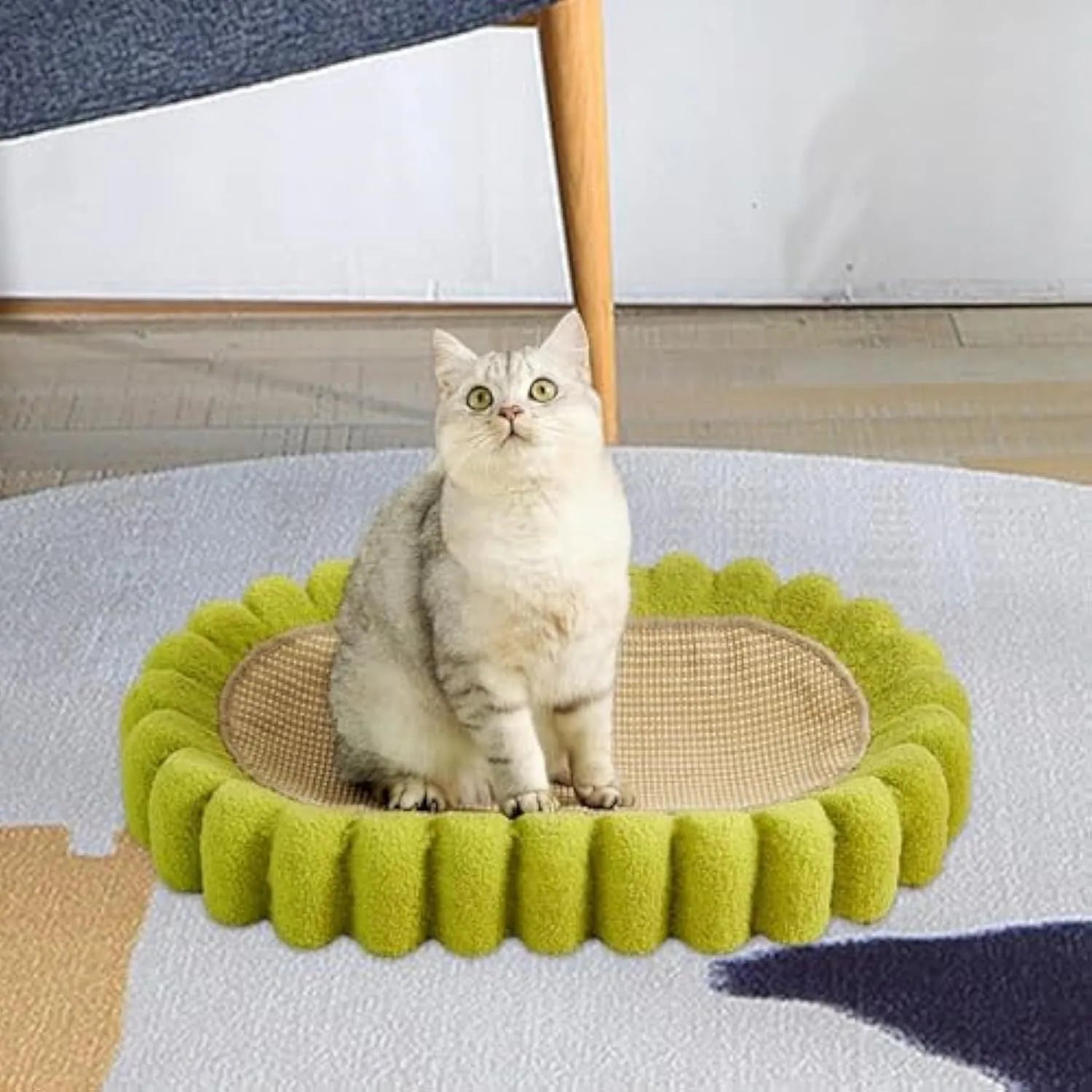Green oval cat scratch pad bowl made from sisal measuring 650x420x100mm