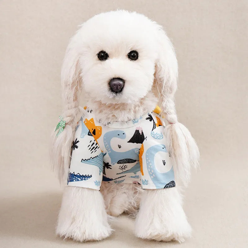Printed casual T-shirt for small dogs in polyester fabric showing sizing chart with bust and length measurements