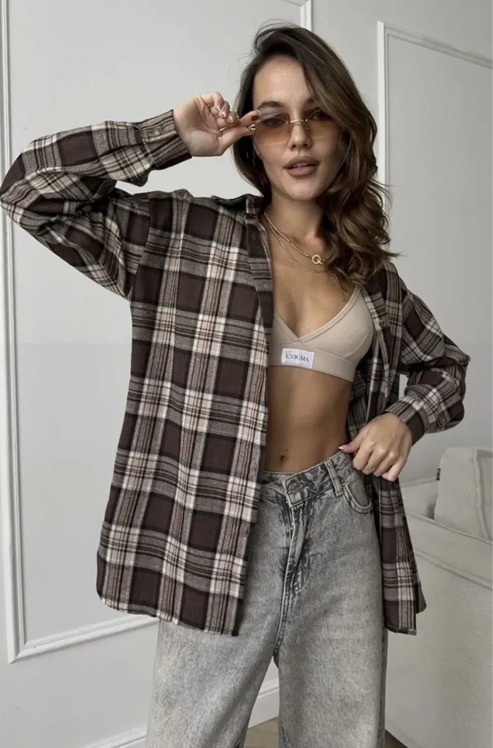 Dark brown striped women's retro style cotton shirt with long sleeves