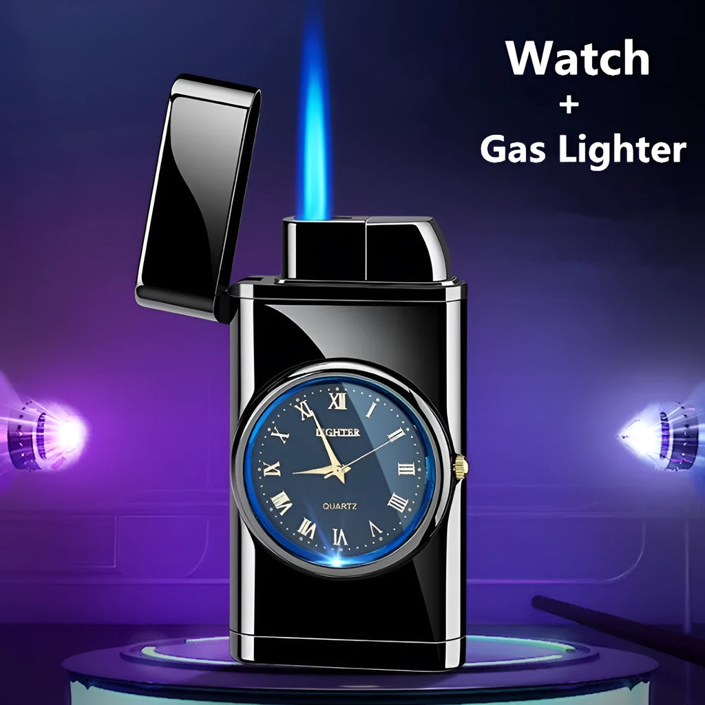 Multifunctional electronic watch and cigarette lighter with LED light in metal body.