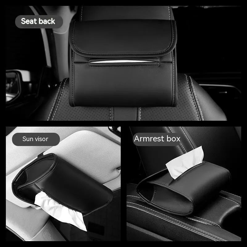Leather car tissue box with elastic band for vehicle mounting in various colour options