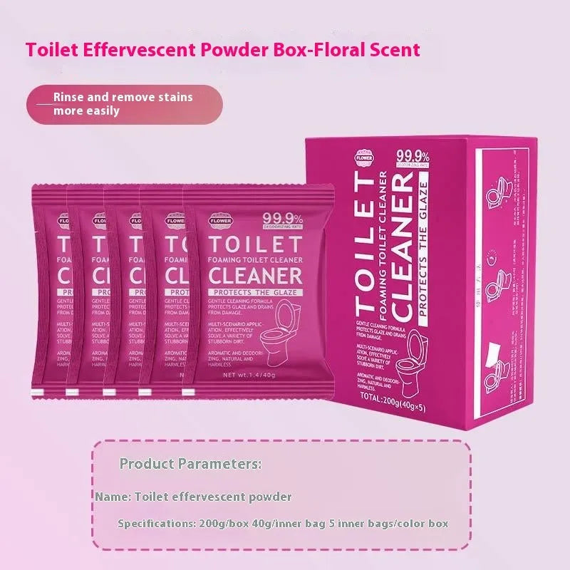 Box and bag options of blue and pink fragranced toilet bubble powder cleaning tablets.