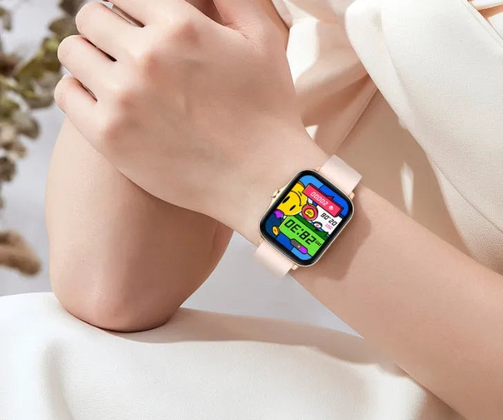 Black smart watch with 1.7-inch colour touchscreen on an adjustable strap, showing a fitness tracking interface.