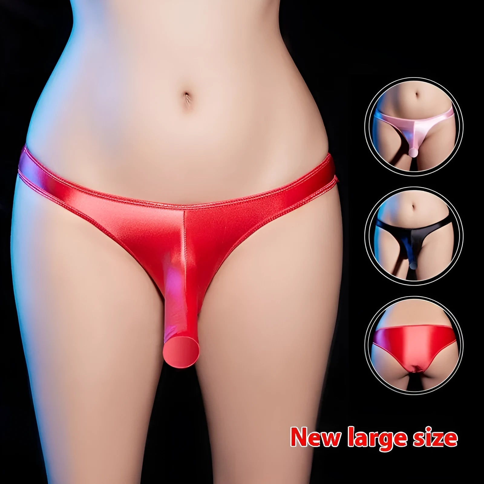 Man wearing low waist T-back underwear in shiny black nylon fabric.
