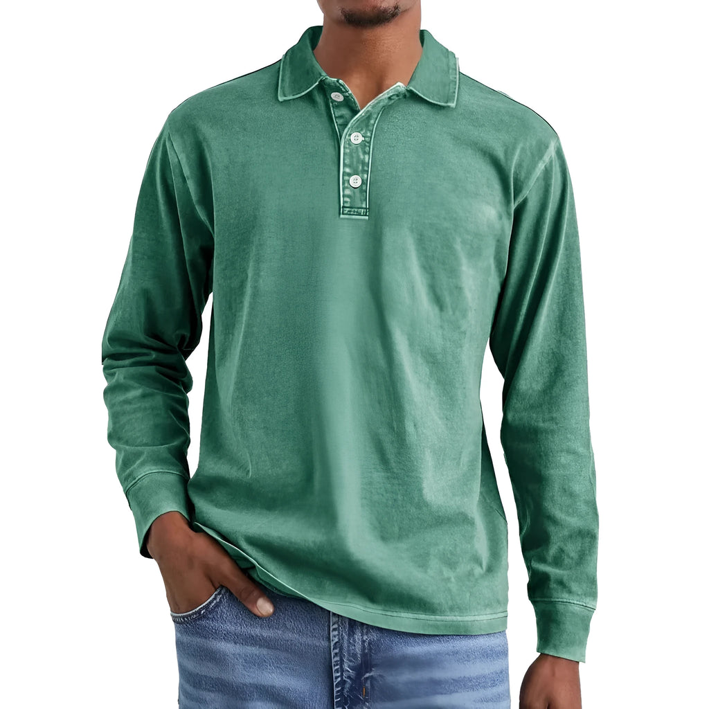 Men's retro washed distressed pure cotton lapel long sleeve polo shirt on a hanger.