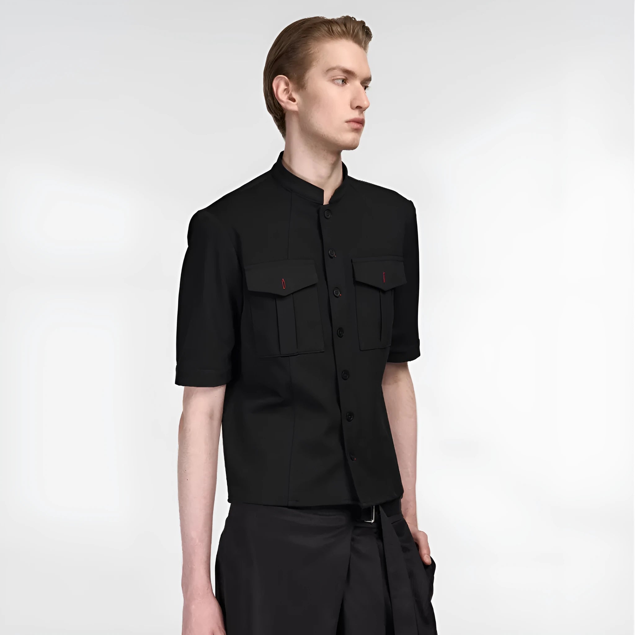 Handmade black half-sleeve hunting shirt with red eye camouflage pattern, showing shirt collar and button placket.