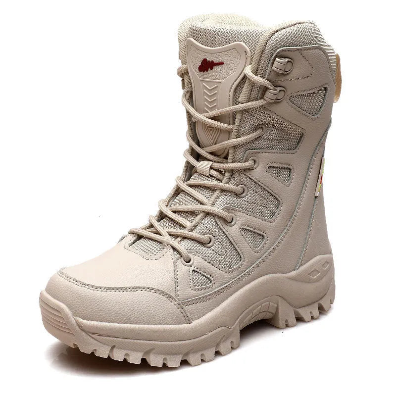 Cowhide leather hi-top hiking shoes in black, brown and beige colours on size chart background